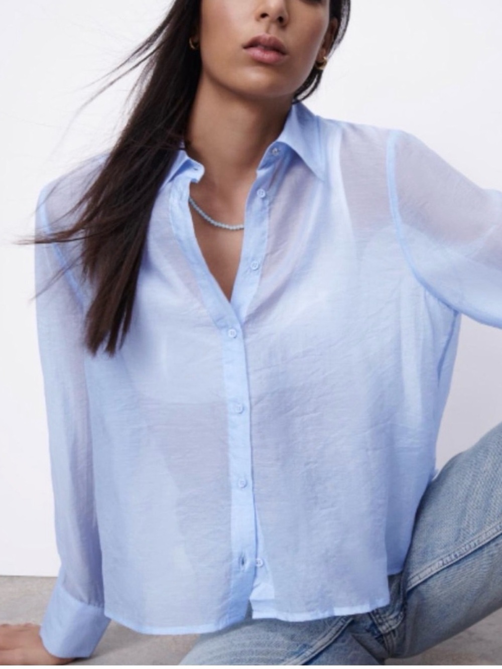 Zara Light Blue Sheer Button-Down Shirt - Women